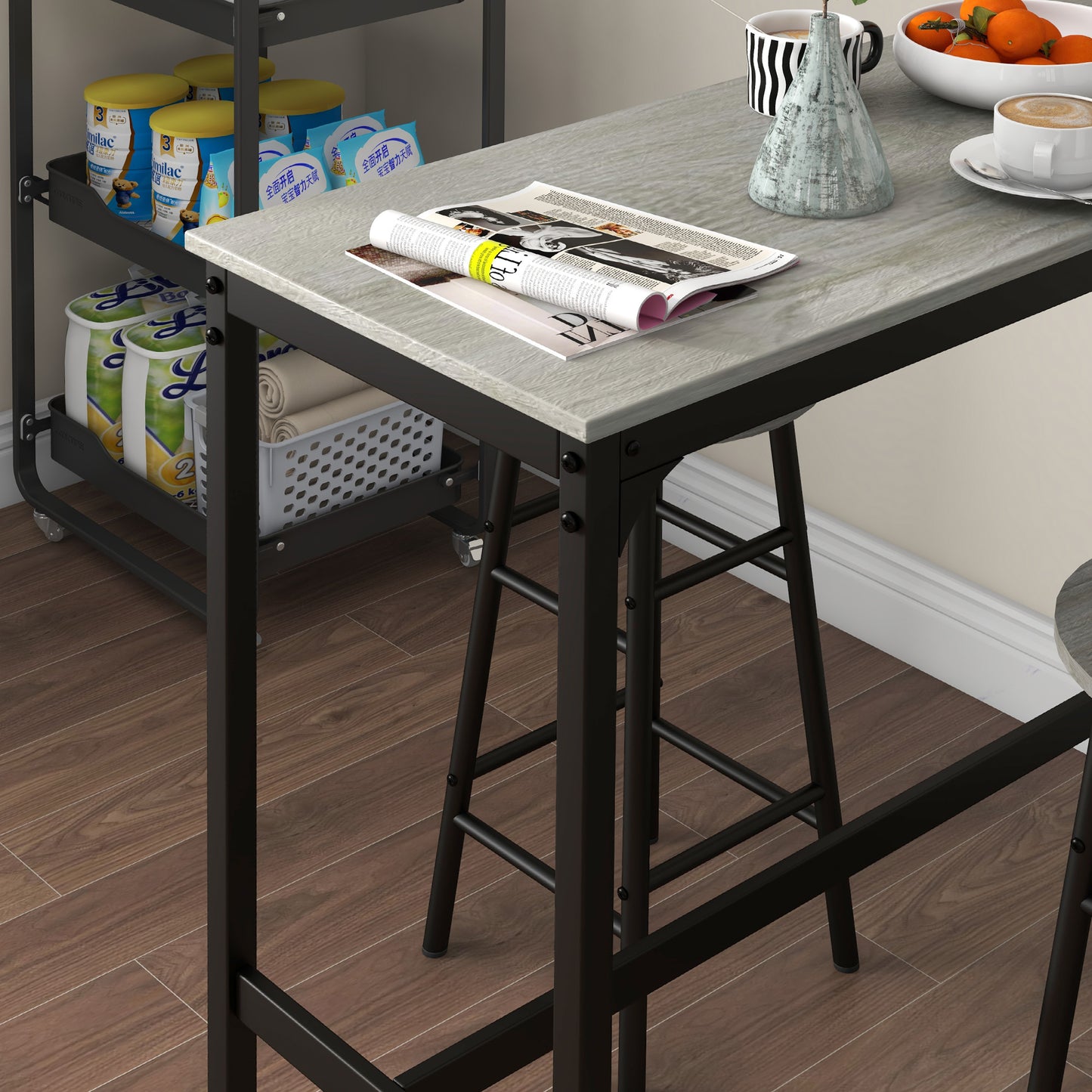 HOMCOM 3 Piece Bar Table Set With 2 Stools Industrial Grey Dining Table And Chair Set