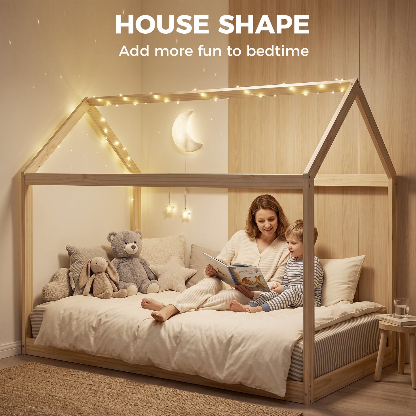 HOMCOM Single Bed Frame House Shaped Scandinavian Wooden Bed Frame for 90W x 190Dcm Mattress Pine Wood Natural Finish