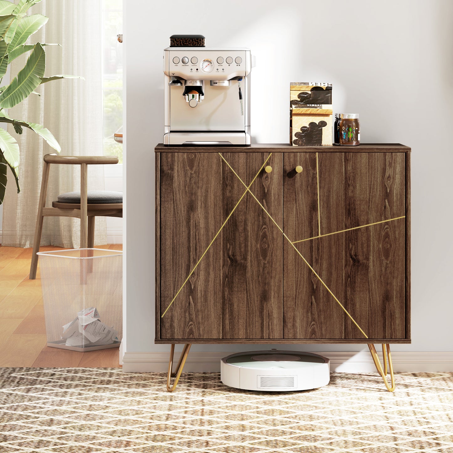 HOMCOM Modern Luxury Sideboard Cabinet With Golden Lines, Adjustable Shelf, Steel Harpin Legs, Brown