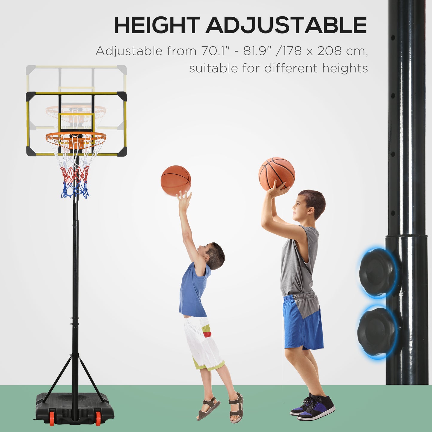 Adjustable Portable Basketball Hoop with Weighted Base and Wheels - Yellow