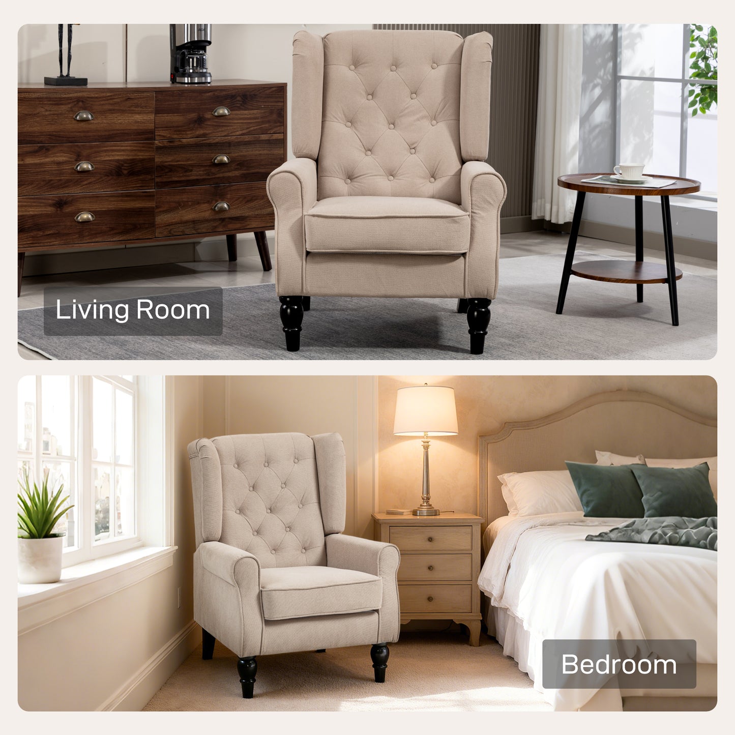 HOMCOM Wingback Accent Chair Tufted Upholstered Retro Style Beige For Living Room And Bedroom
