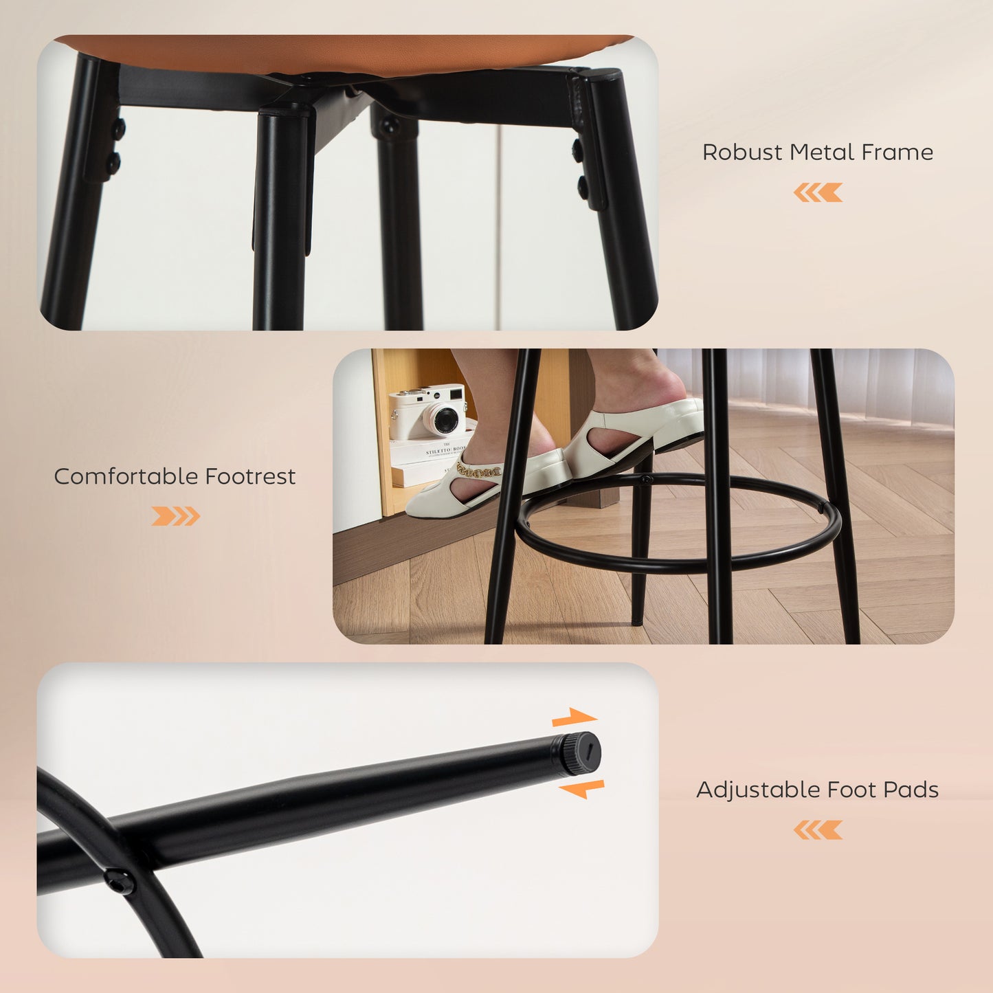 HOMCOM Set of Two Faux Leather Bar Stools Brown and Black Cushioned Seats with White Edge Stitching