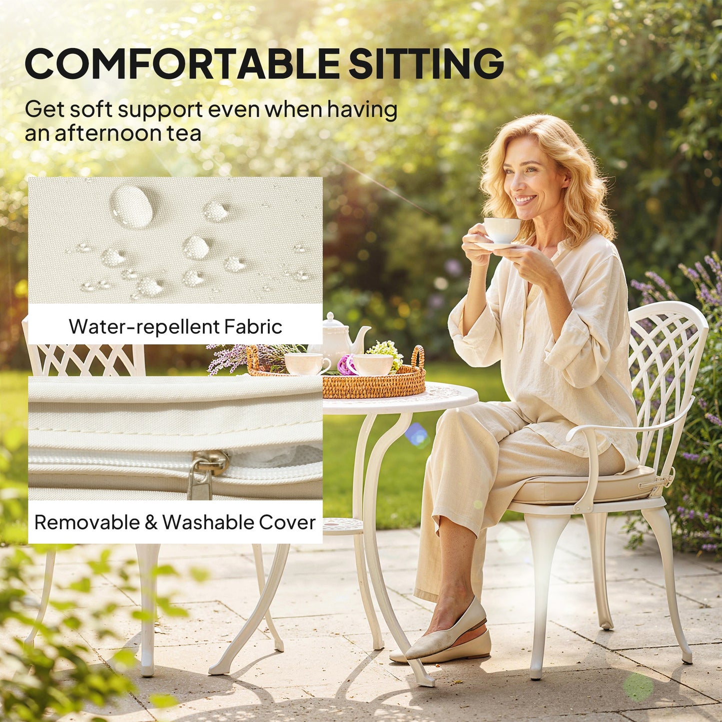 Outsunny Cast Aluminium Bistro Set With Two Chairs And Table White Parasol Hole 45mm Cushions