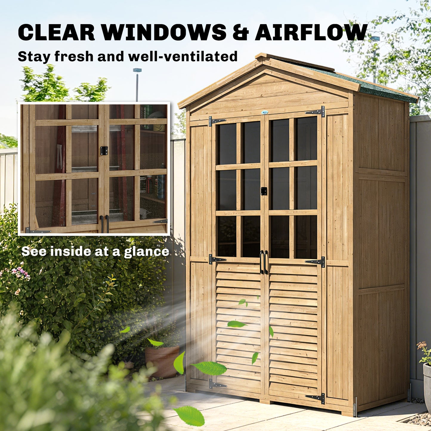 Outsunny Outdoor Wooden Storage Cabinet Shed With Acrylic Windows For Patio Garden Tools Light Brown