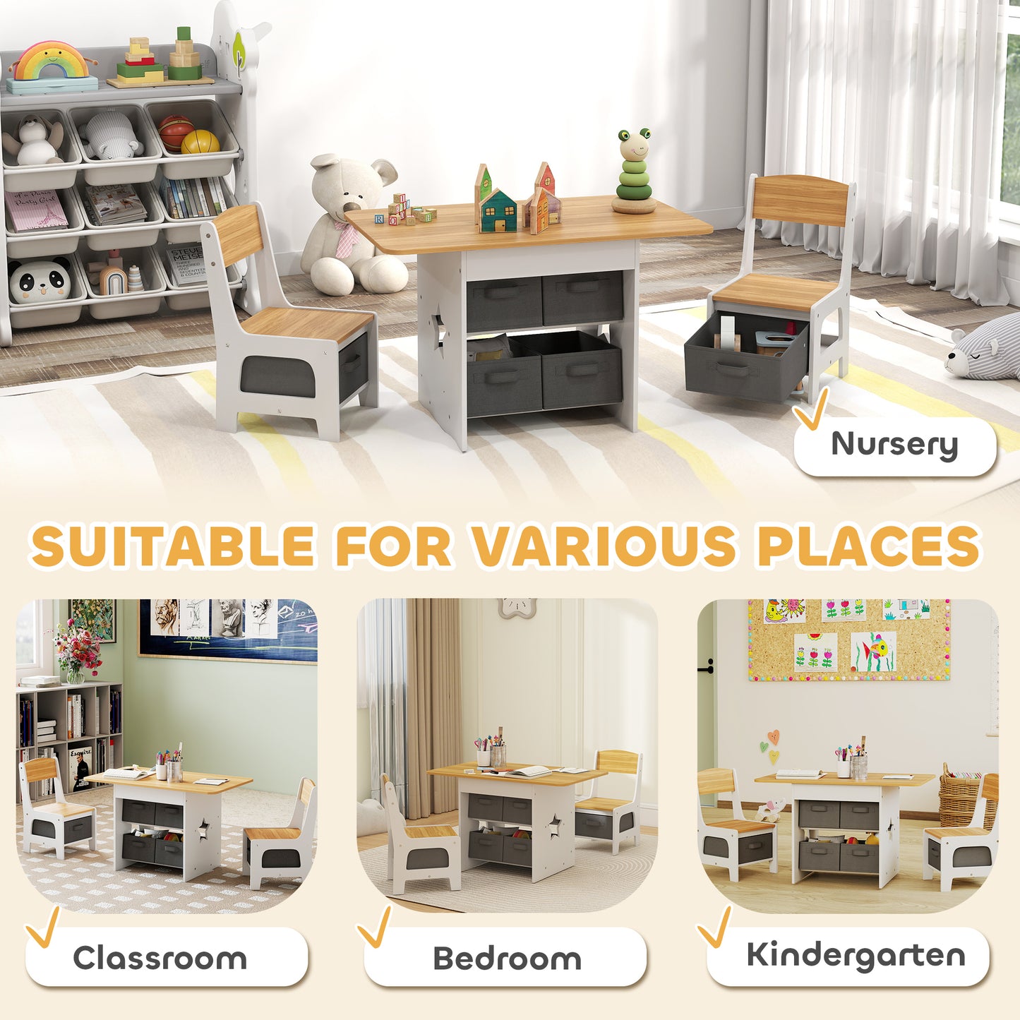 AIYAPLAY Kids Table and Chair Set With 2 Chairs 6 Removable Drawers For Ages 3 To 8 Natural Finish