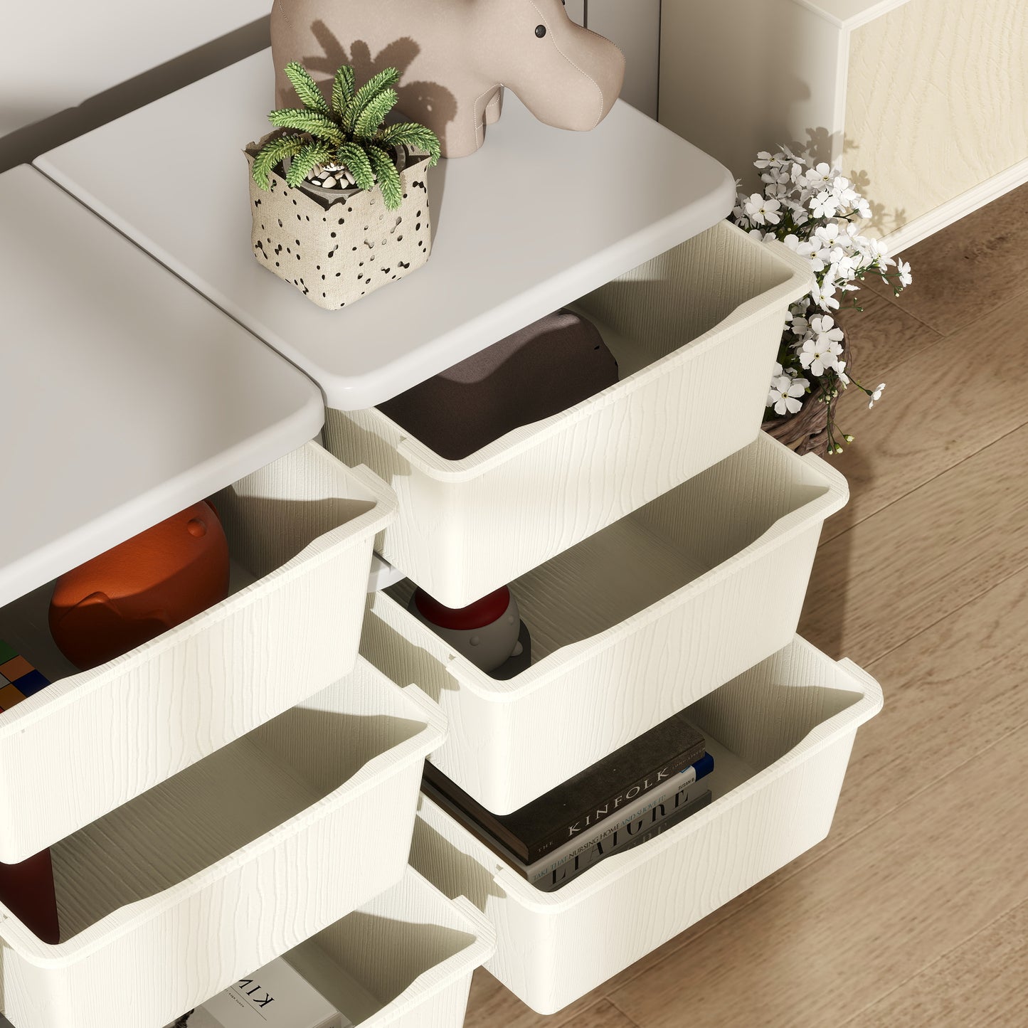 HOMCOM Kids Storage Unit With Nine Drawers Cream Plastic Toy Organizer For Toys And Books