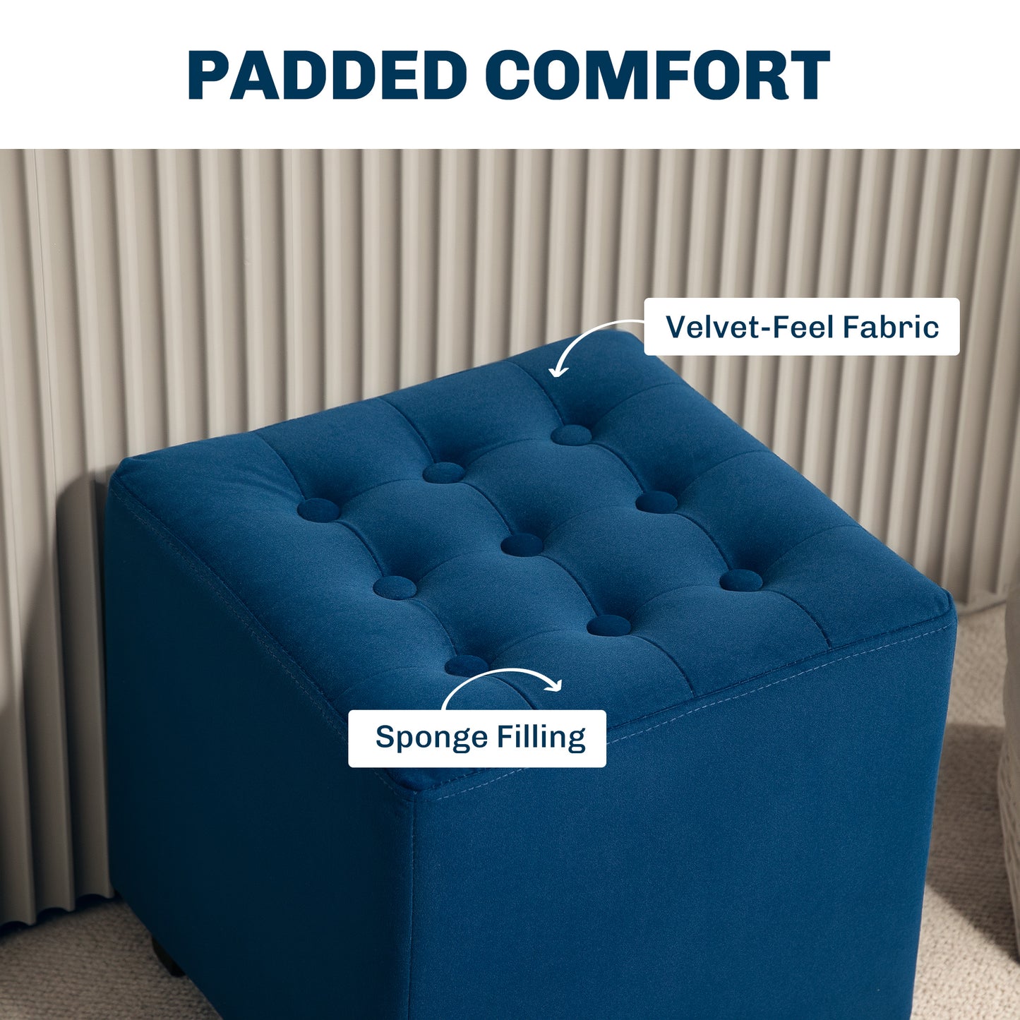 HOMCOM Velvet Feel Square Ottoman Blue 35x35cm Lightweight Pouffe Stool For Extra Seating And Footrest