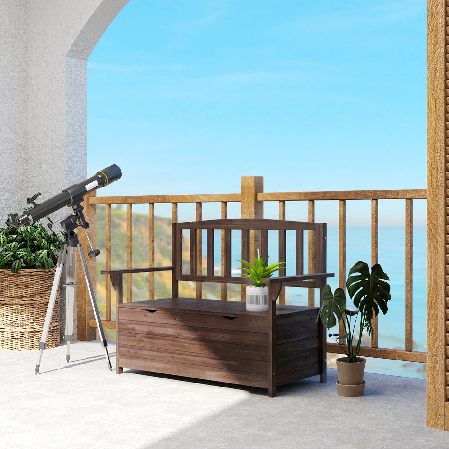 Outsunny Outdoor 2 Seater Garden Bench With Storage Brown Fir Wood Backrest And Armrests 112 X 84 X 58 Cm