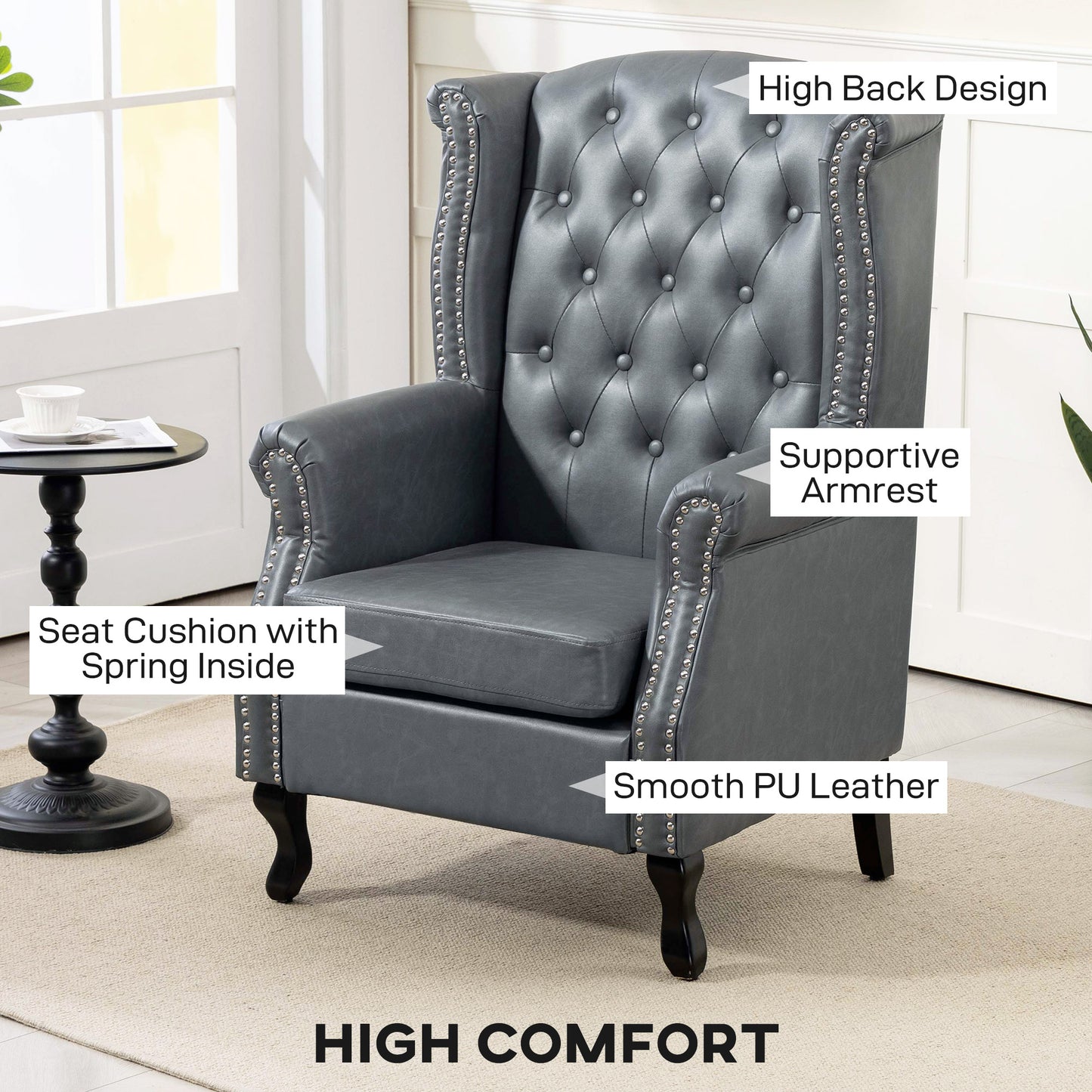 HOMCOM Wingback Accent Chair Tufted Chesterfield Style Armchair With Nailhead Trim Grey Living Room Bedroom