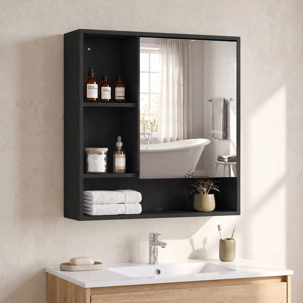 Black wall-mounted bathroom mirror cabinet with open shelves and neatly stacked towels