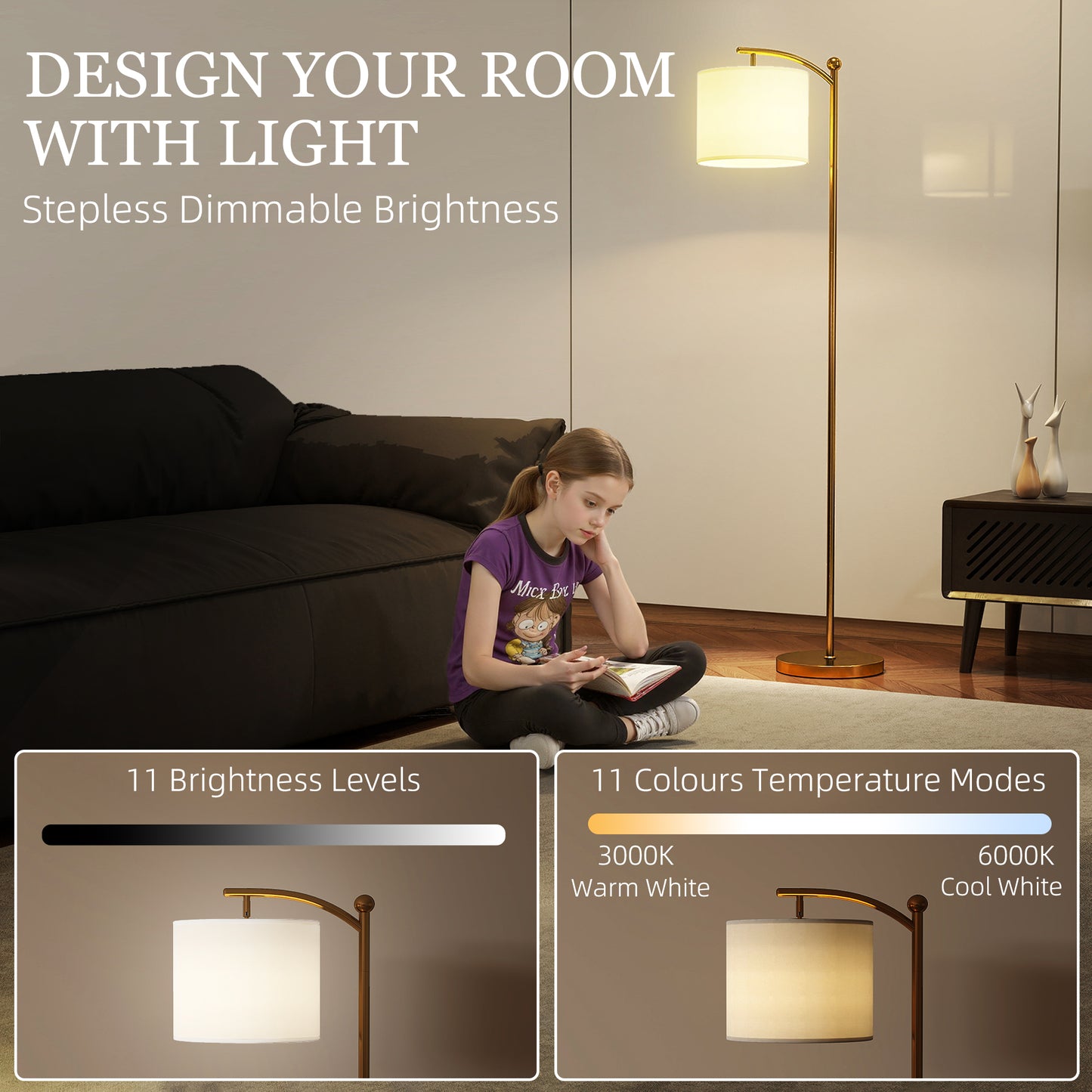 HOMCOM LED Floor Lamp With Remote Control Gold Tone Adjustable Brightness And Color Temperature 11 Levels