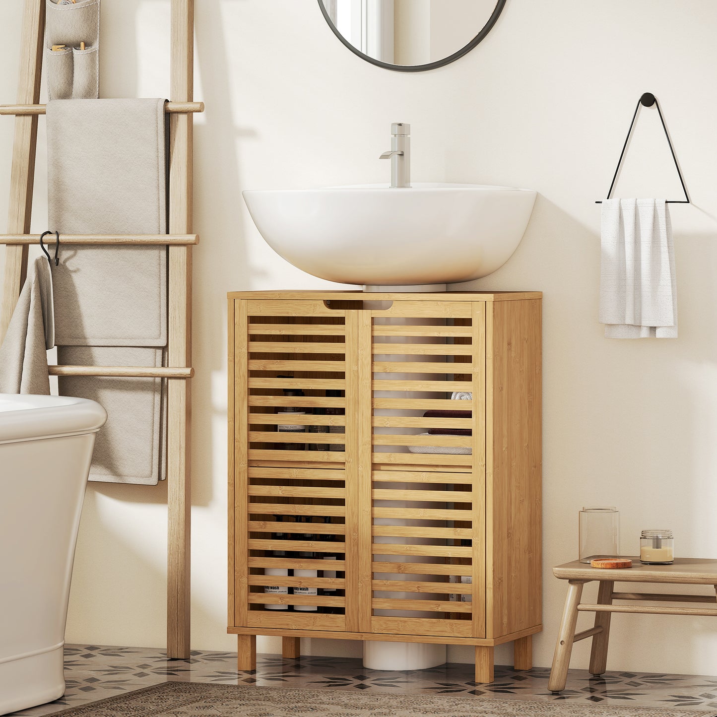 HOMCOM Under Sink Bathroom Cabinet Freestanding Bamboo Cabinet With Louvered Doors Adjustable Shelf Natural Finish