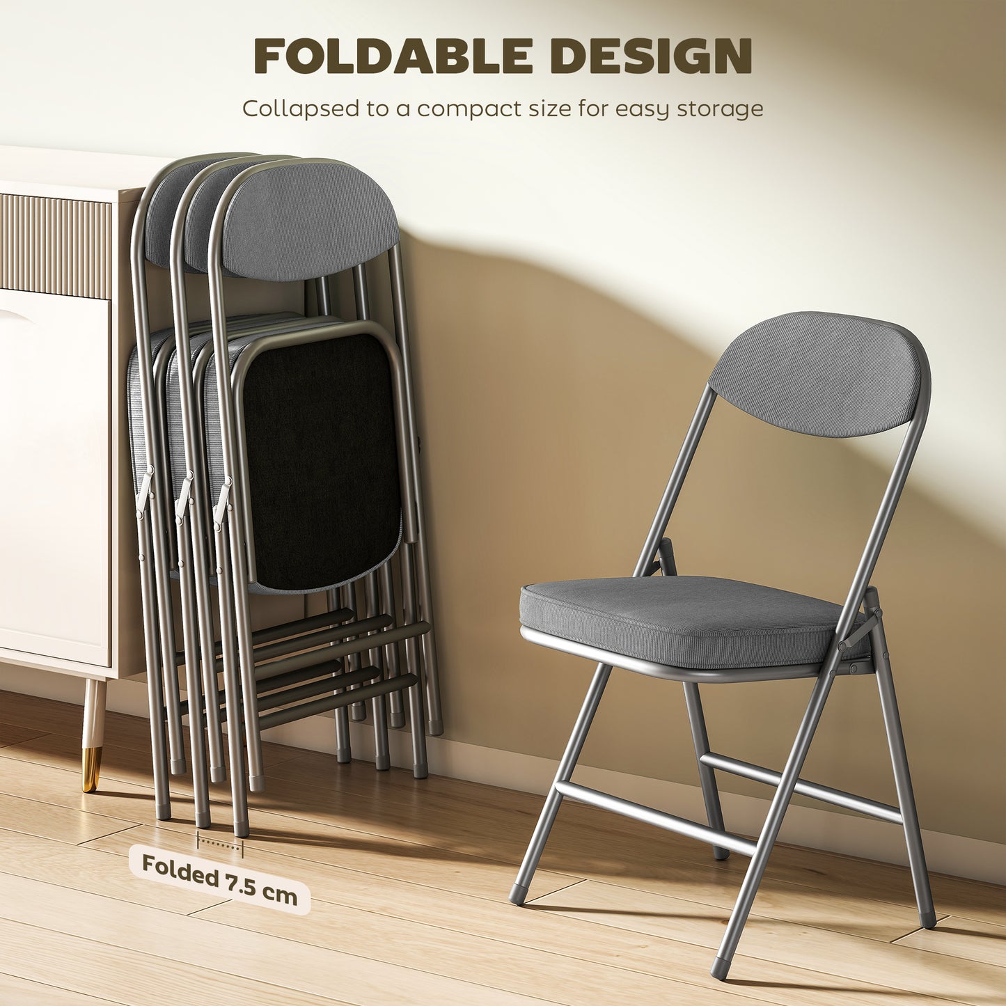 HOMCOM Set Of Four Folding Corduroy Seat Chairs Grey With Padded Seats And Back For Home Use And Events