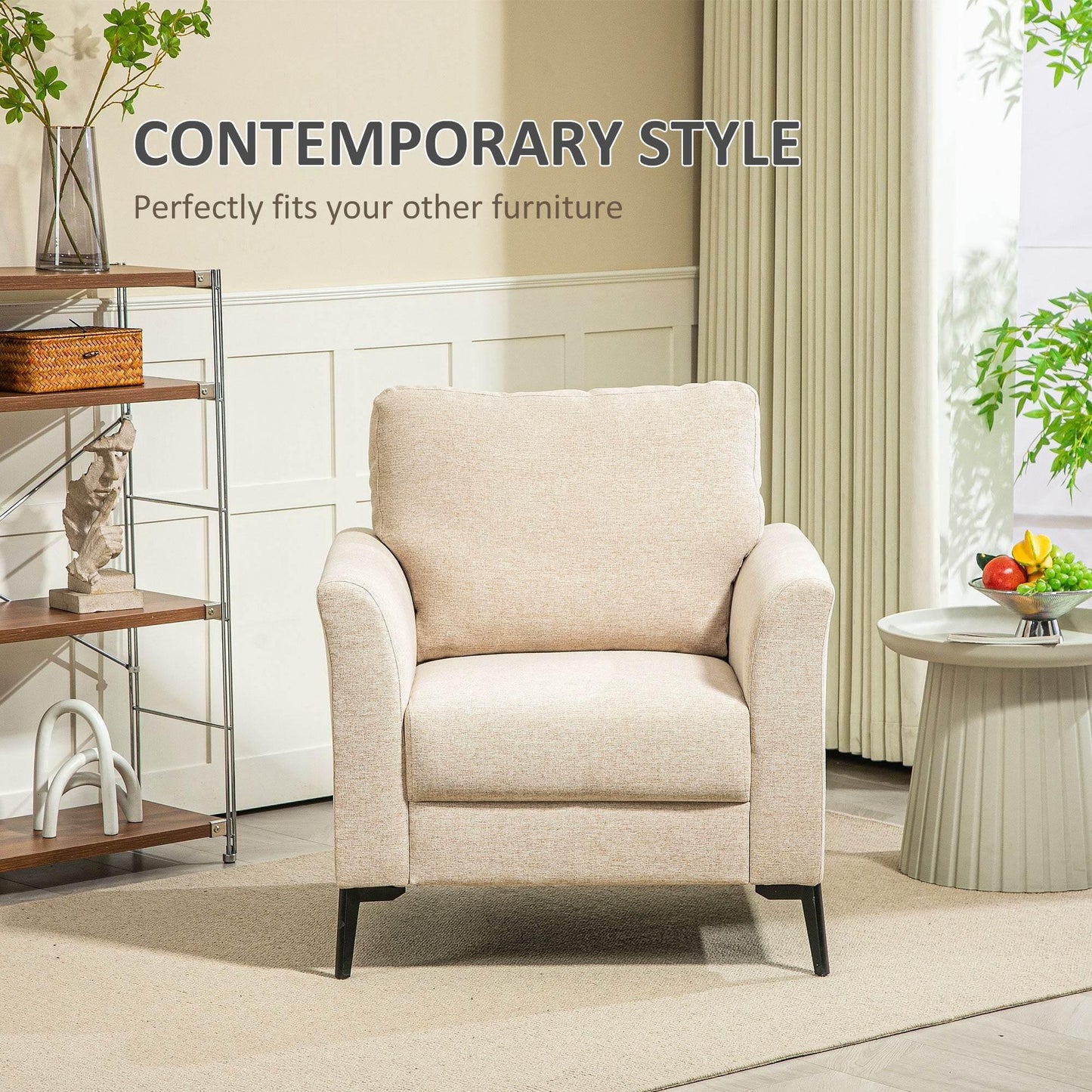 HOMCOM Chic Linen Upholstered Accent Chair with Metal Legs and Padded Cushion for Living Room or Office, Beige - ALL4U RETAILER LTD