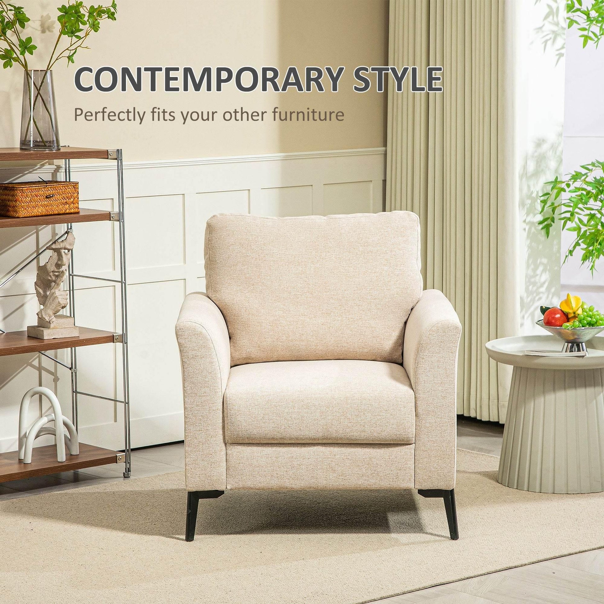 HOMCOM Chic Linen Upholstered Accent Chair with Metal Legs and Padded Cushion for Living Room or Office, Beige - ALL4U RETAILER LTD