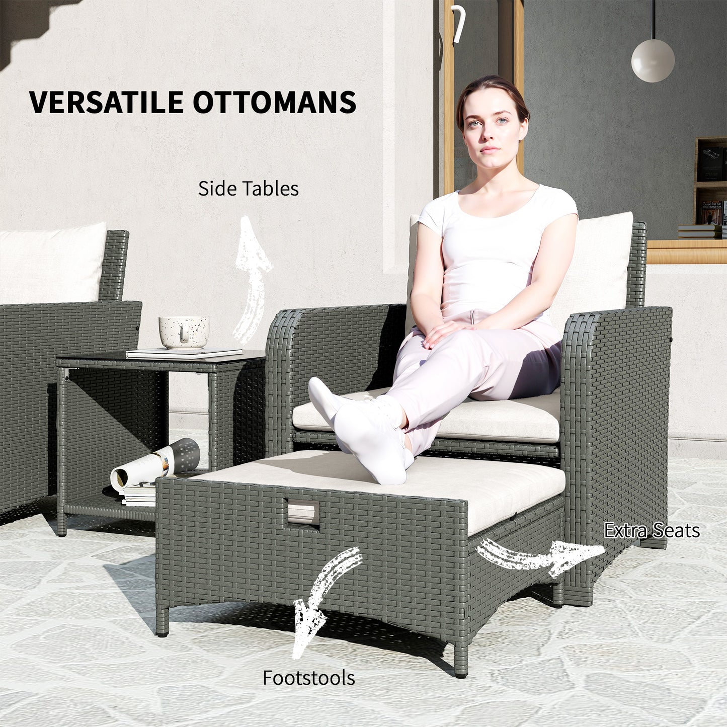 Outsunny Five Piece Rattan Garden Furniture Set With Two Tier Coffee Table And Ottomans Cream White