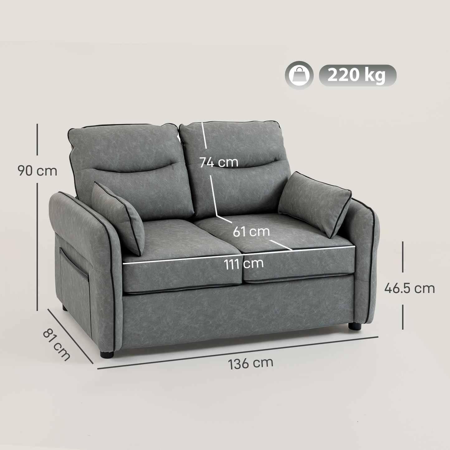 HOMCOM 2 Seater Sofa Faux Leather Loveseat Grey With Black Piping And Comfortable Foam Padding