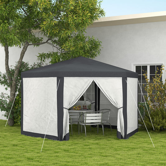 Outsunny 4M Hexagon Gazebo, Netting Party Tent, Patio Canopy Outdoor Event Shelter, Shade Resistant, Dark Grey
