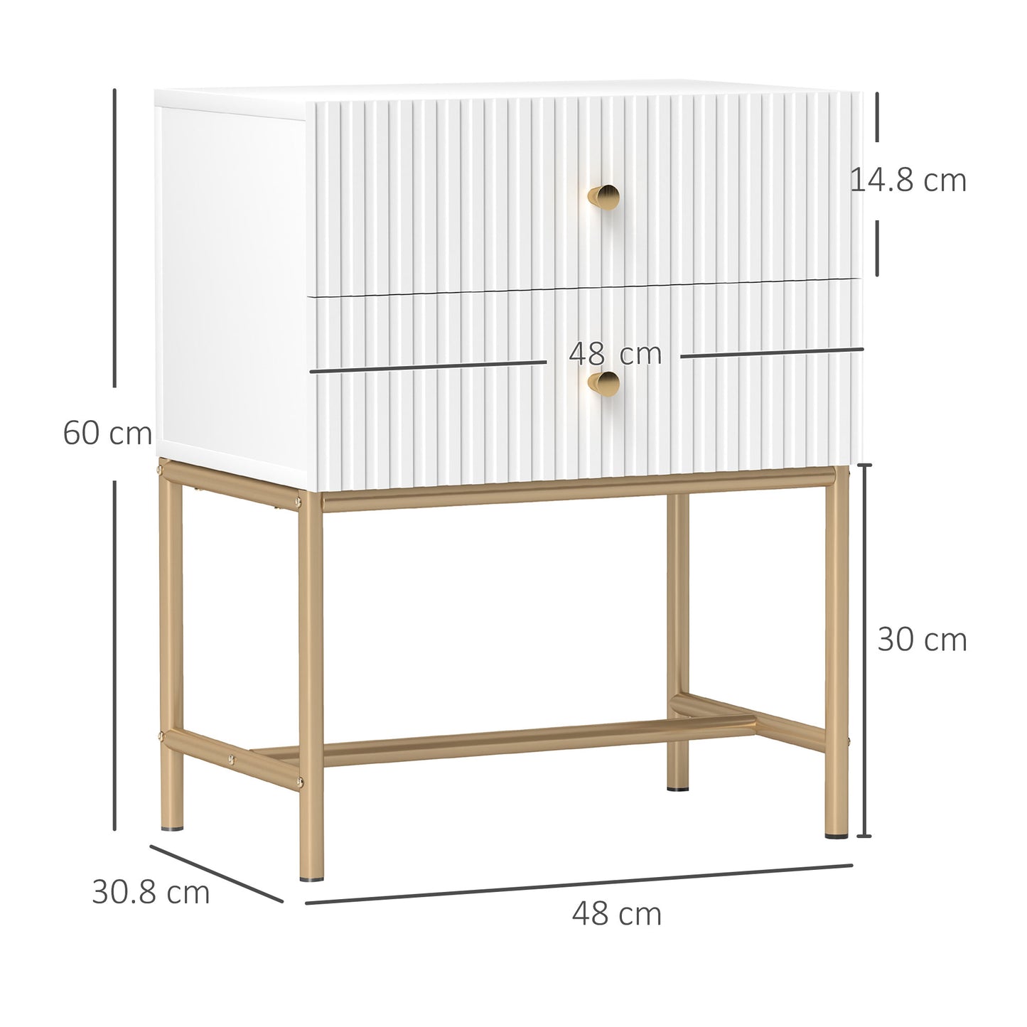 HOMCOM Elegant Two Drawer Bedside Table White With Gold Tone Handles And Metal Base