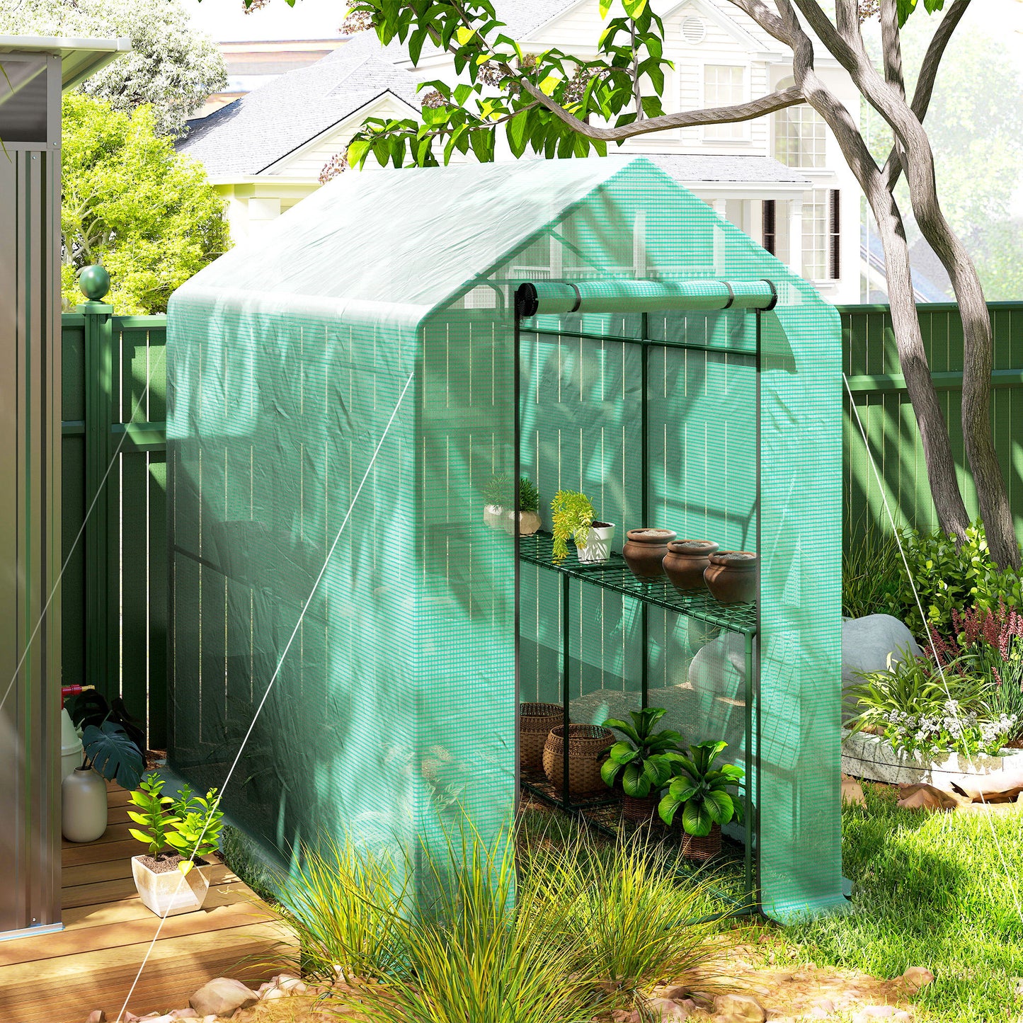Outsunny 120 by 186cm Walk In Greenhouse With Shelves Steel Frame PE Cover Roll Up Door All Year Round