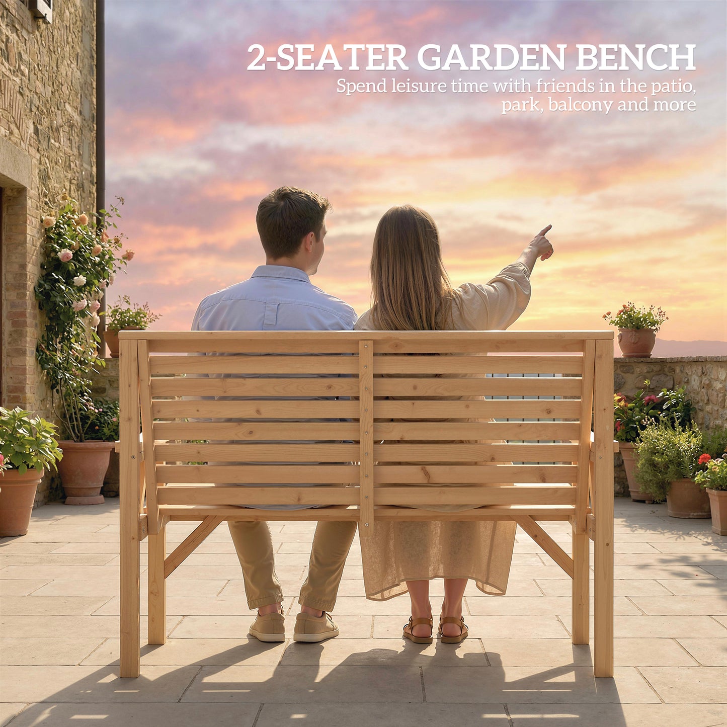 Outsunny 2 Seater Slatted Wooden Garden Bench With Armrests And Backrest For Outdoor Patio Balcony Indoor Use