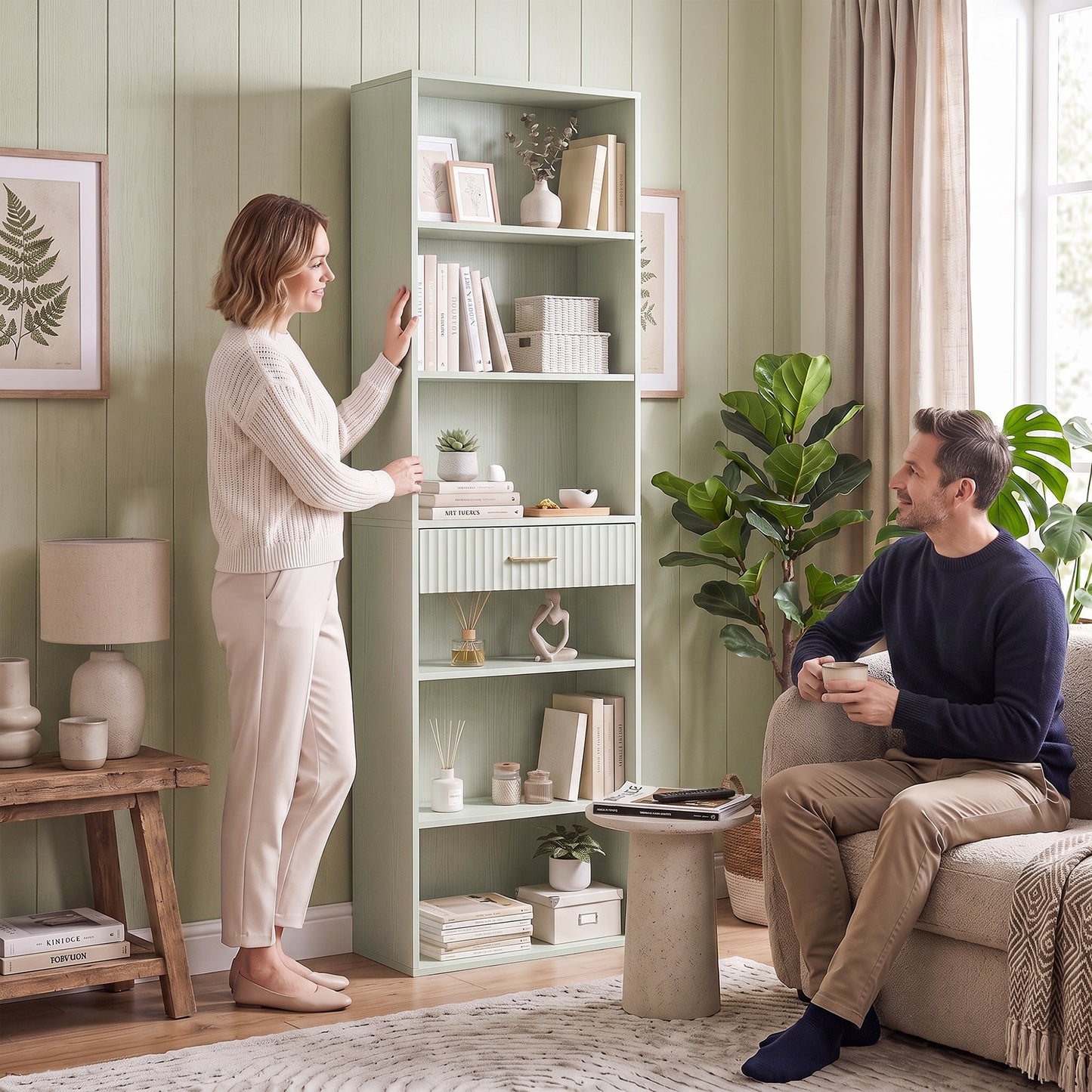 HOMCOM Narrow Tall 7 Tier Bookshelf With Drawer Open Shelves Light Green