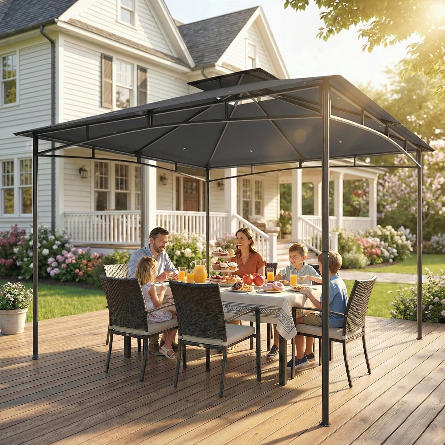 Outsunny 3x3 M Garden Gazebo With 2 Tier Roof And Powder Coated Metal Frame Dark Grey Waterproof UV Protected