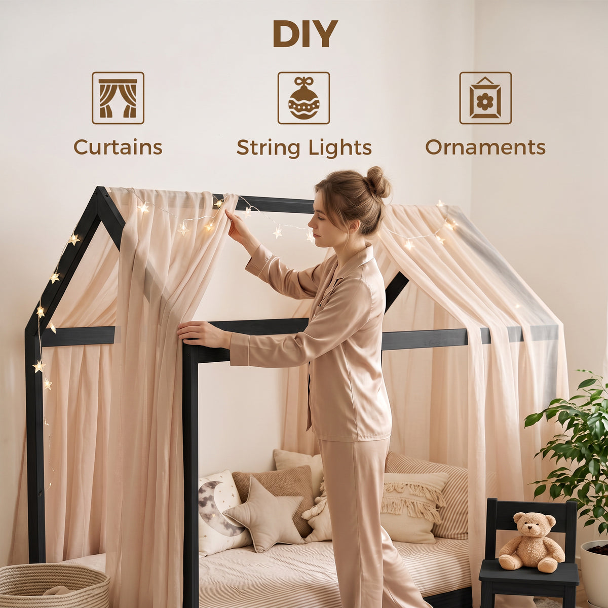 Homcom House Shaped Single Bed Frame Scandinavian Wood Platform Base Black