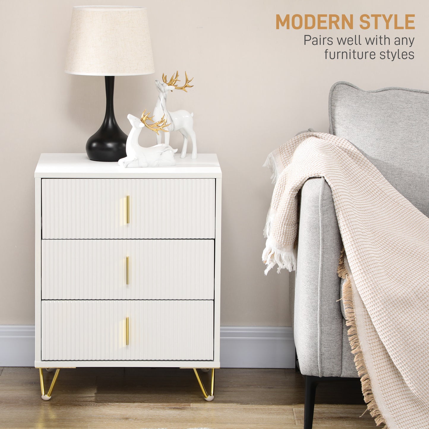 HOMCOM Set Of 2 Elegant Chest Of Drawers White And Gold Tone Ridged Fronts Hairpin Legs