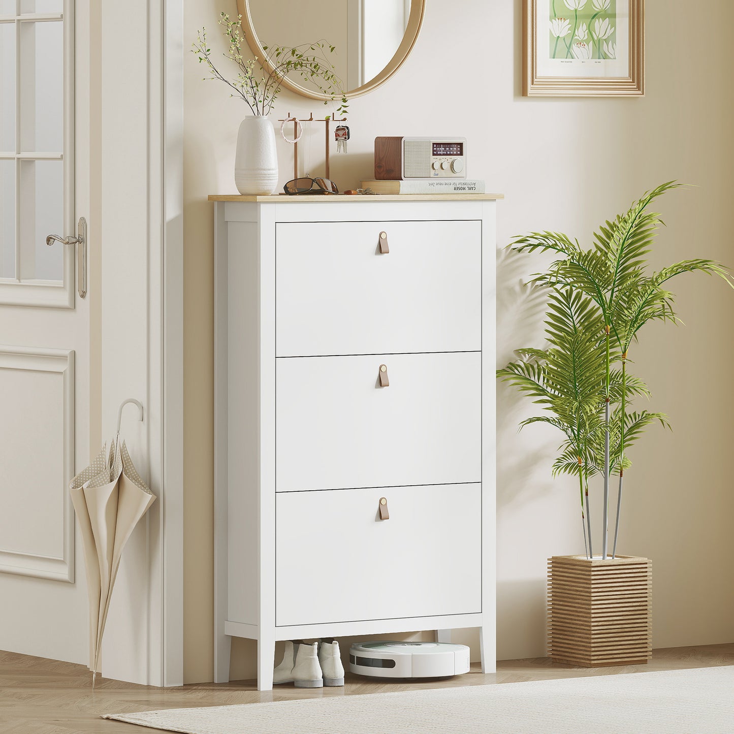 HOMCOM Modern Three Drawer White Shoe Cabinet Slim Storage Unit Holds Up To Twenty One Pairs Of Shoes