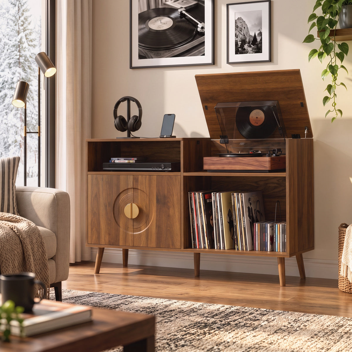 HOMCOM Vinyl Record Player Stand with 300 Album Storage and Flip Top Walnut