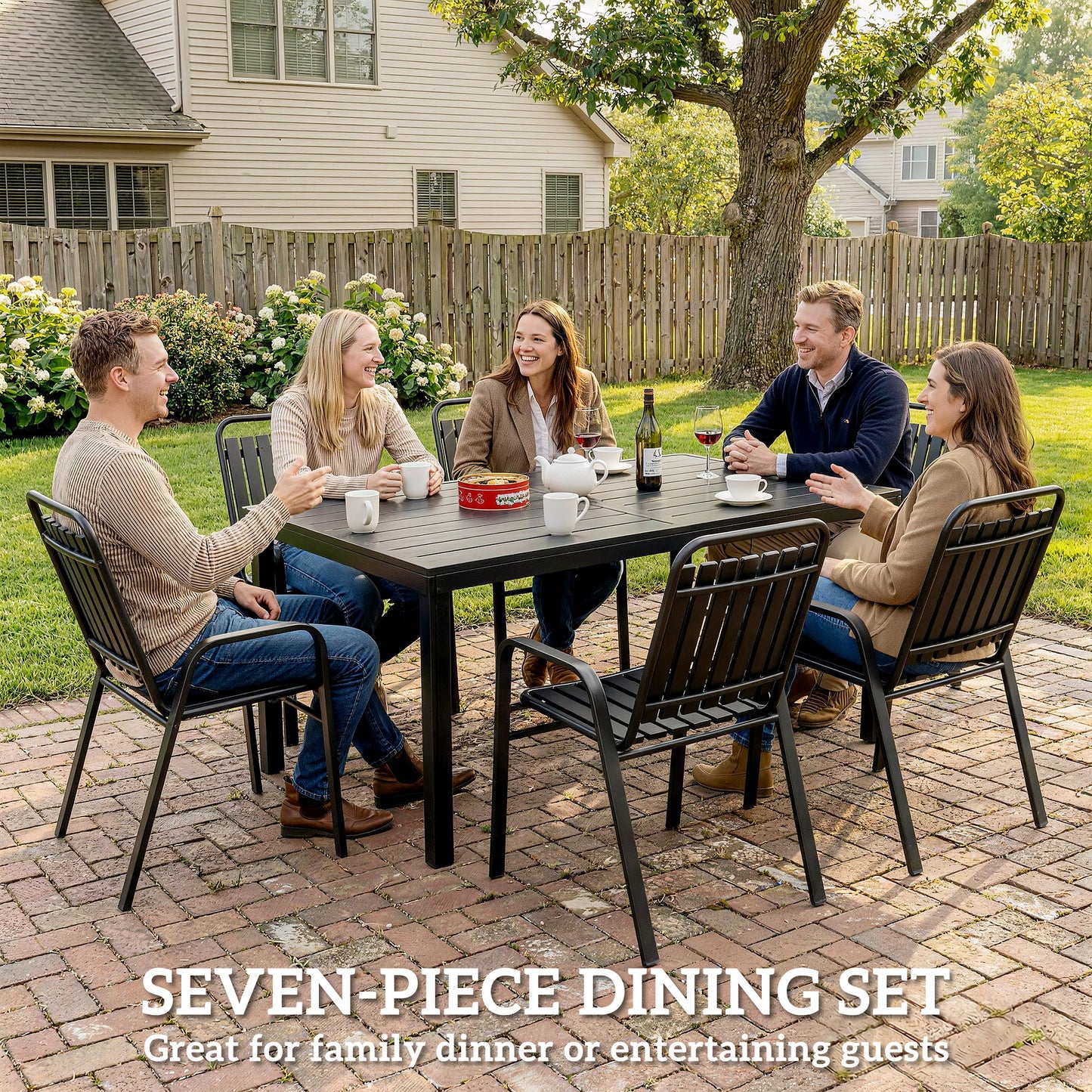 Outsunny 7 Piece Outdoor Dining Set With Umbrella Hole For 6 People Metal Table And Stackable Chairs