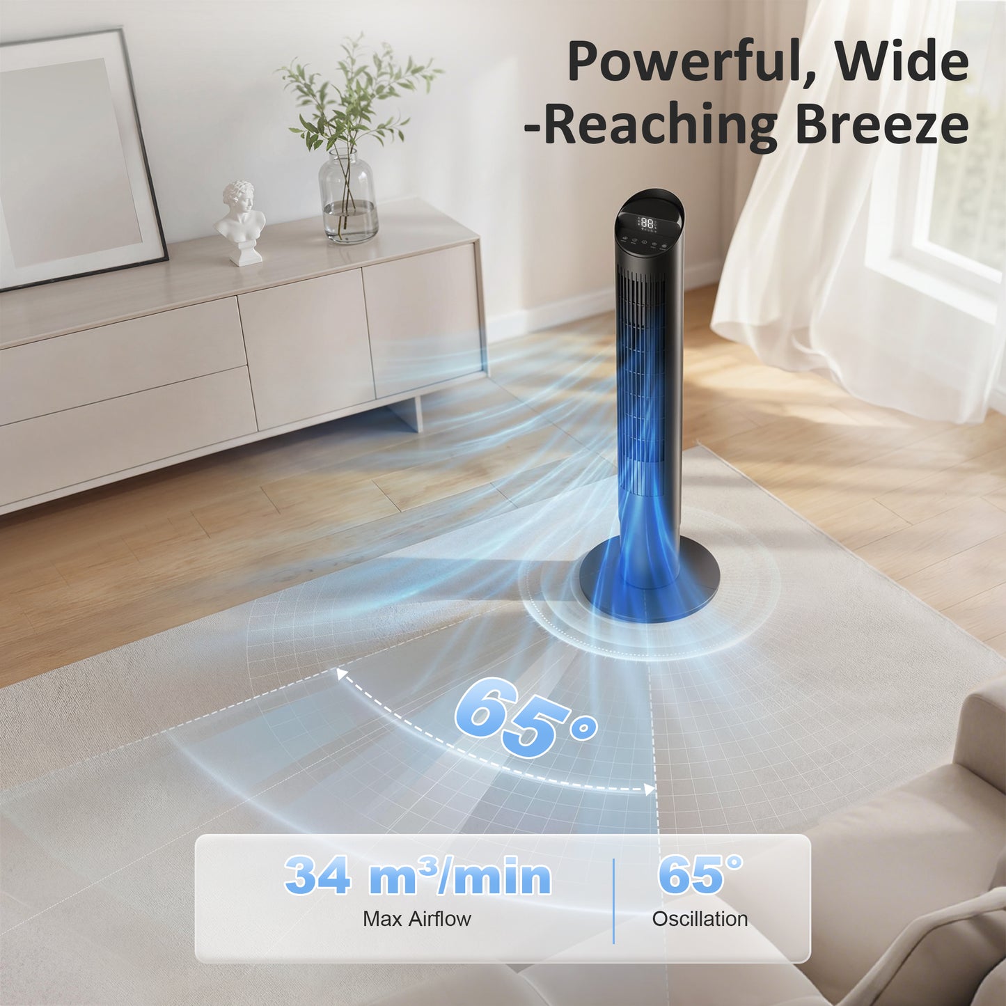 HOMCOM Tower Fan With WiFi App Control Remote Control 101.8 cm Standing Floor Cooling Fan Black