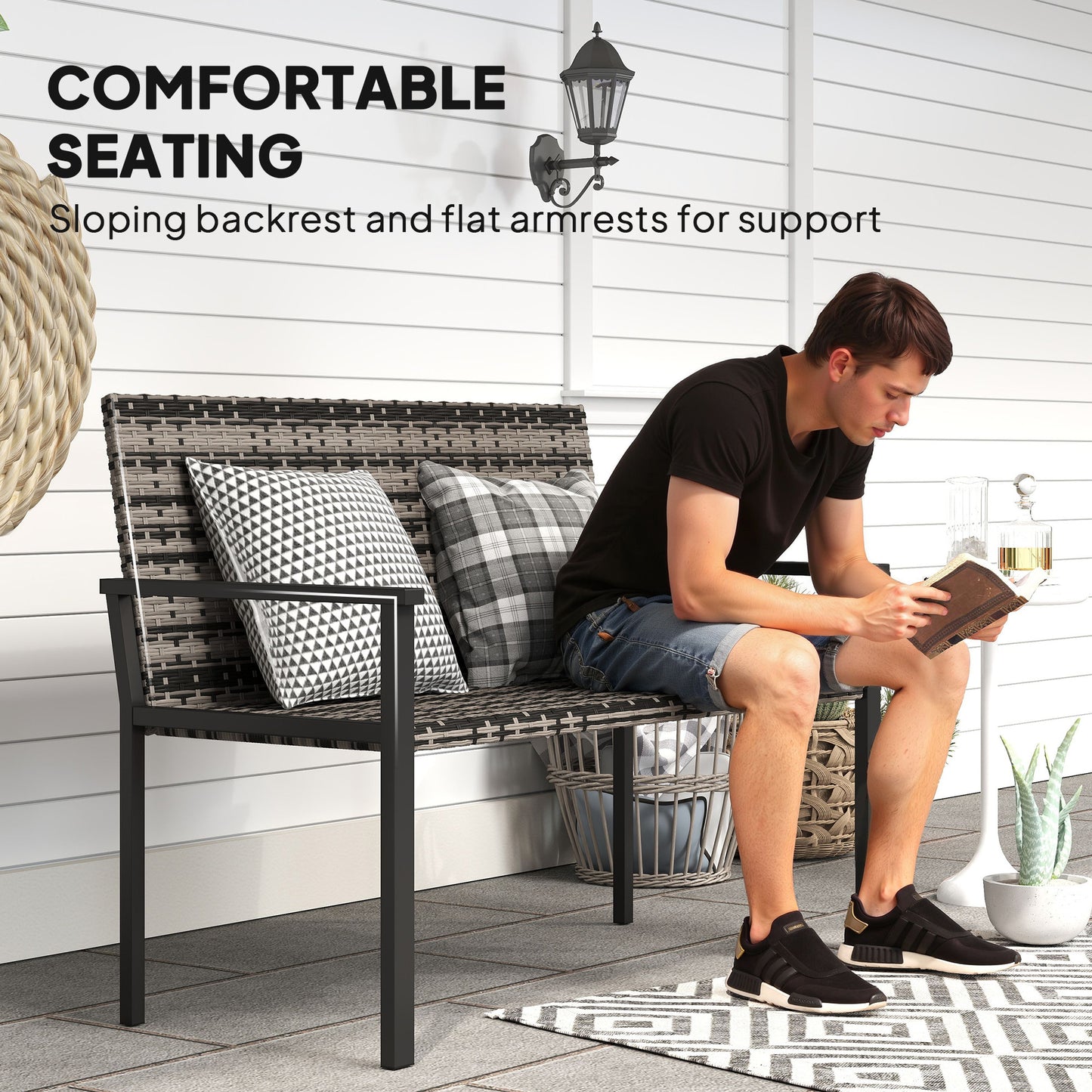 Outsunny Two Seater Rattan Garden Bench Mixed Grey Weather Resistant Steel Frame With Quick Dry Padding