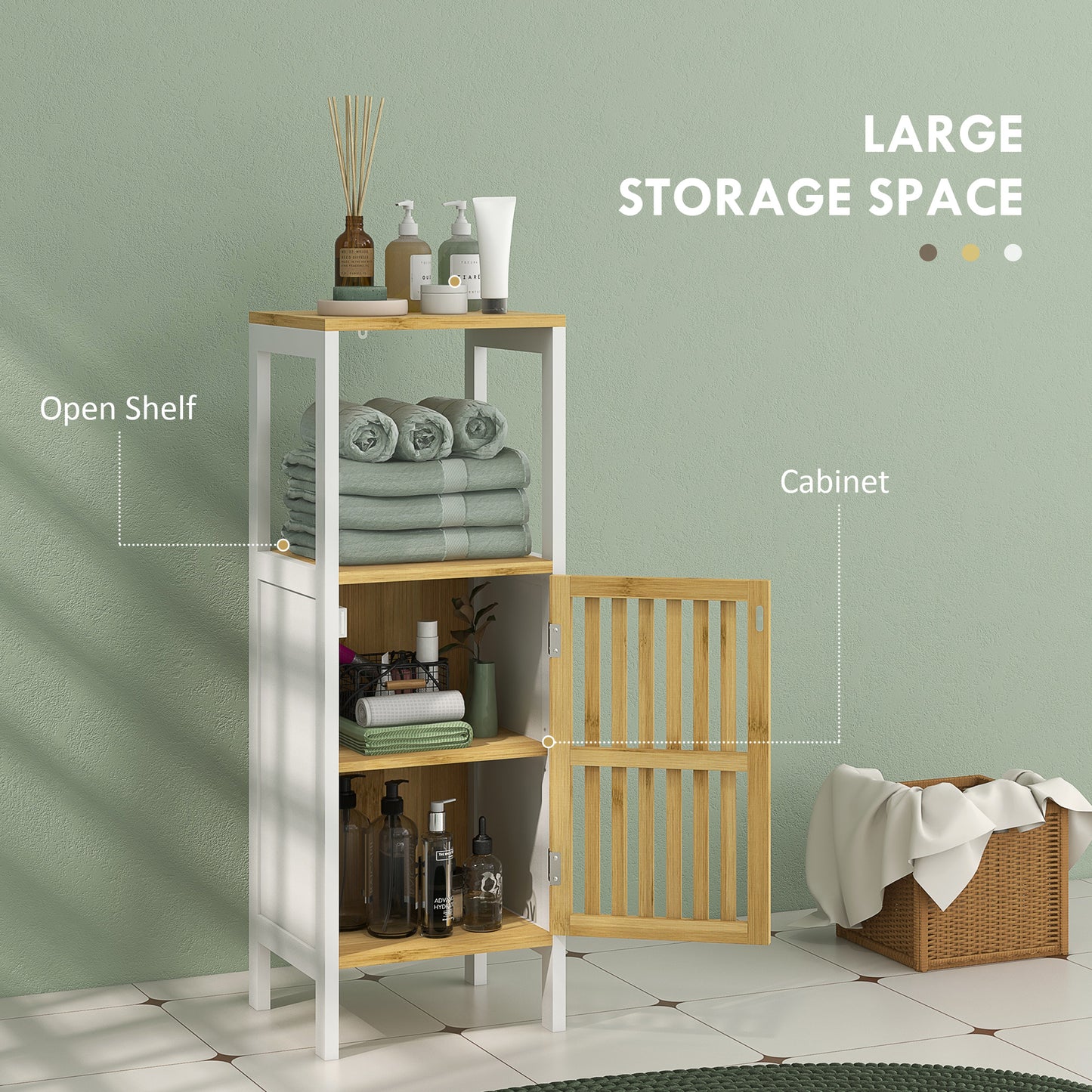 HOMCOM Bamboo Blend Retro Cut Out Bathroom Storage Cabinet with Cupboard and Adjustable Shelves Slim Unit