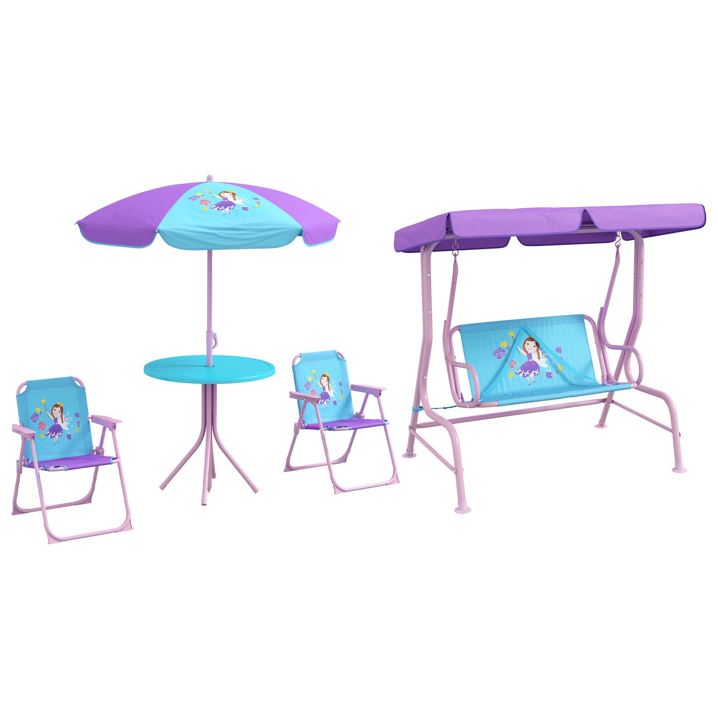 Outsunny Kids Outdoor 4-Piece Garden Furniture Set with Swing Chair, Adjustable Canopy, Table, and Chairs for Toddlers - ALL4U RETAILER LTD