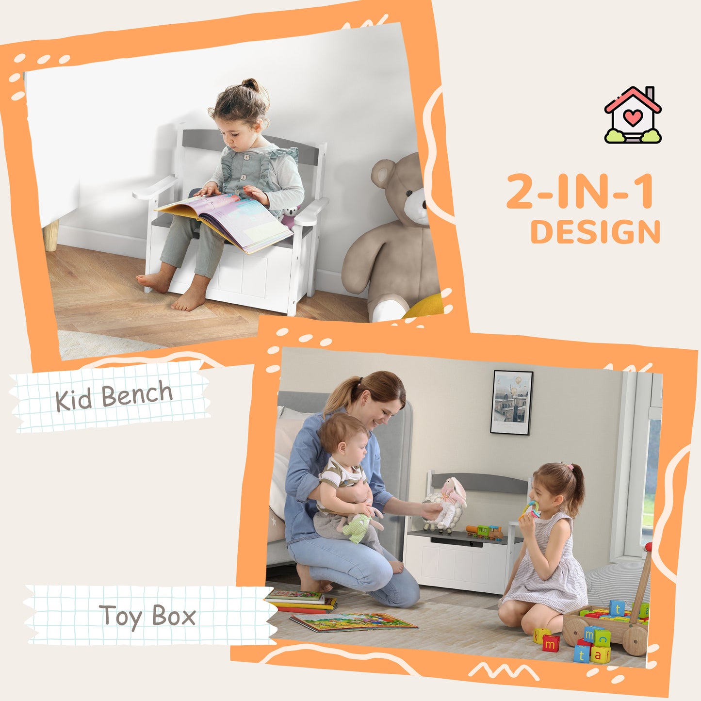 AIYAPLAY 2 In 1 Toy Box Storage Bench With Lid For Kids Bedroom Nursery Playroom Grey