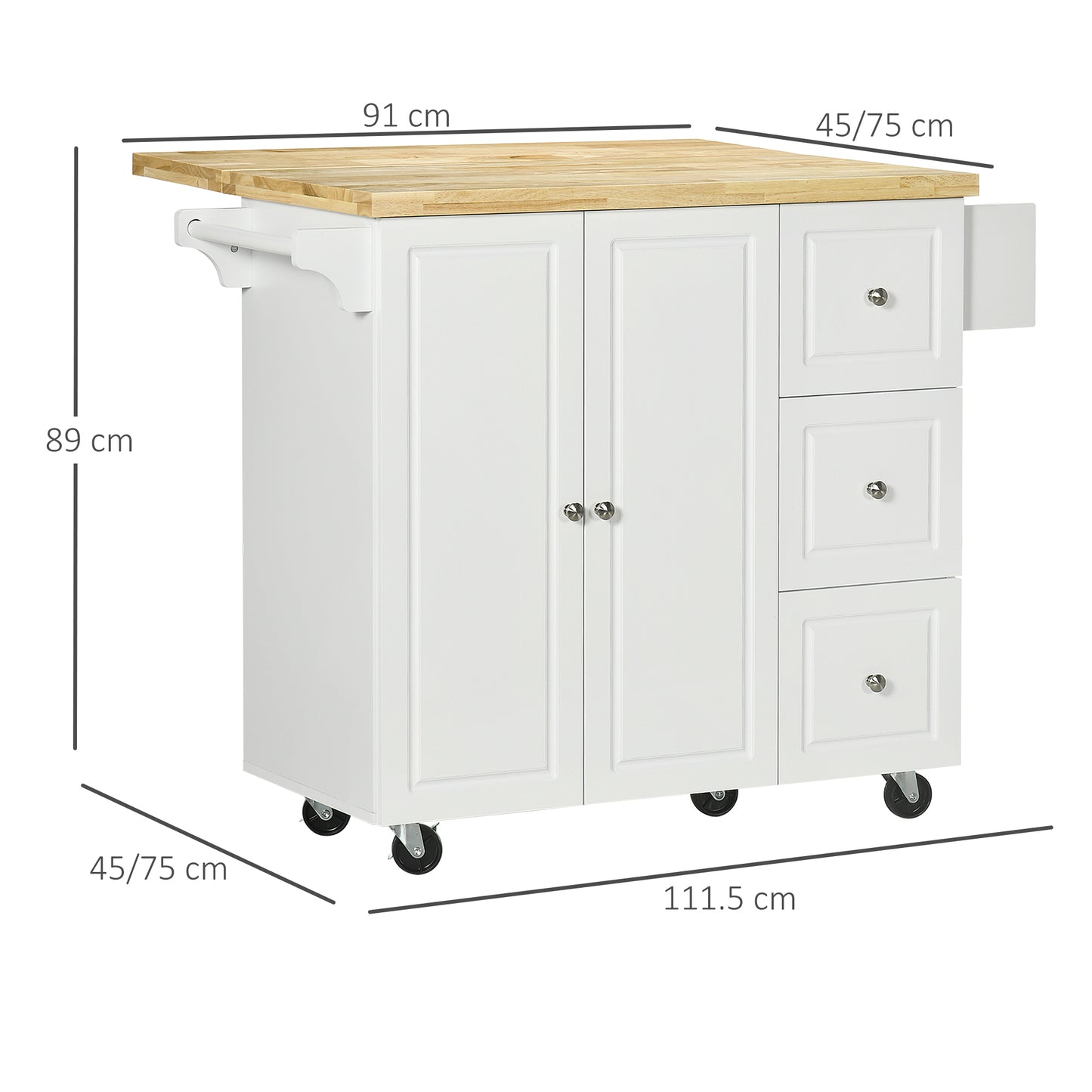 HOMCOM Rolling Drop-Leaf Kitchen Island Cart with Storage Drawers & Cabinet for Home Use - ALL4U RETAILER LTD