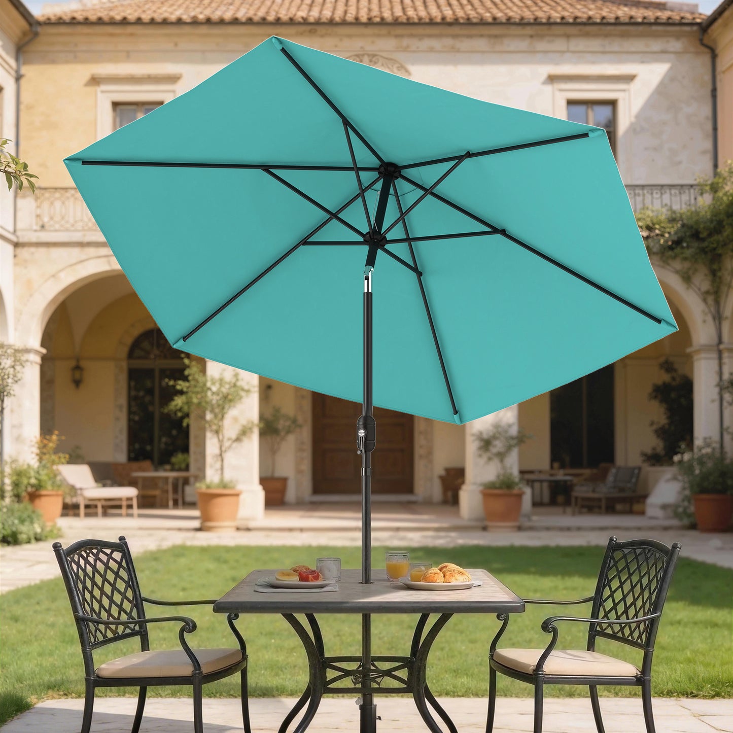 Outsunny 2.6 m Garden Parasol Umbrella With Aluminium Pole Outdoor Patio Umbrella With Tilt And Crank Vent Turquoise