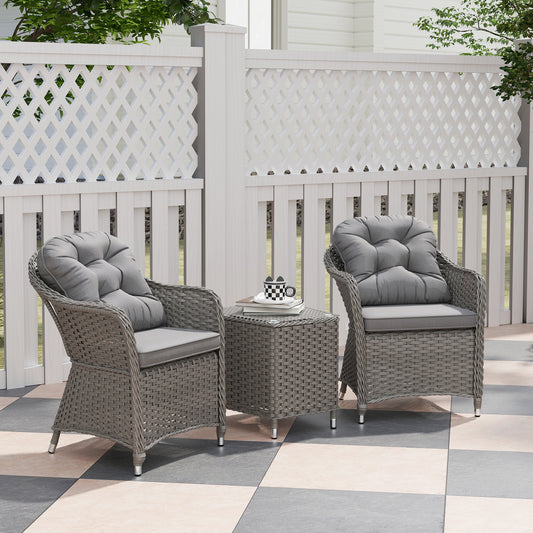Outsunny Three Piece Super Padded Rattan Set Outdoor Patio Garden Table And Two Chairs Light Grey