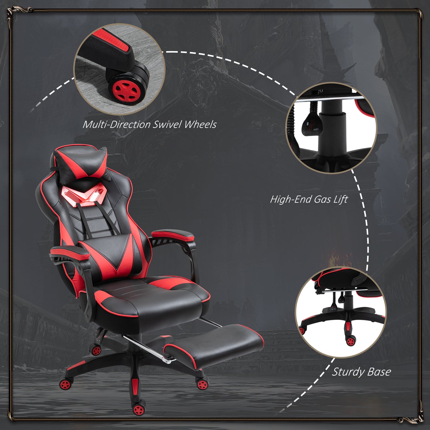 Vinsetto Adjustable Ergonomic Gaming Chair with Retractable Footrest & Lumbar Support - Red & Black Racing Design - ALL4U RETAILER LTD