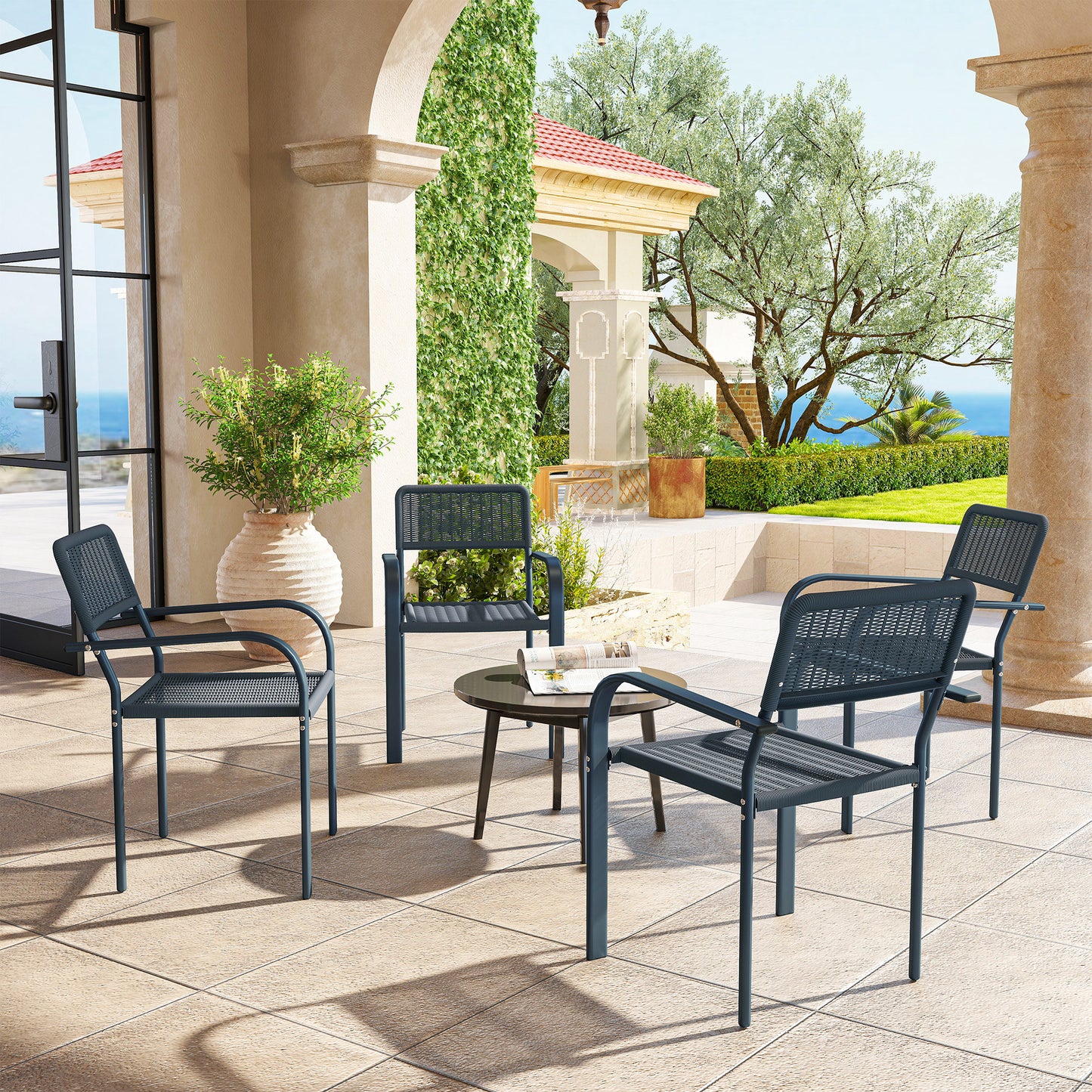Outsunny Set Of 4 Stackable Rattan Chairs With Armrests Weather Resistant And Lightweight For Patio Balcony Dark Grey