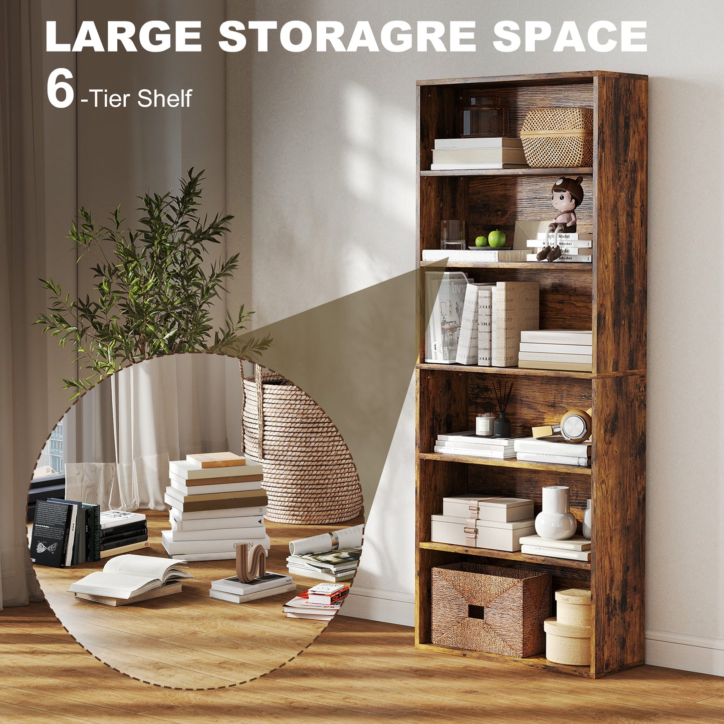 HOMCOM Six Shelf Bookcase Rustic Brown With Four Adjustable Shelves And Melamine Finish