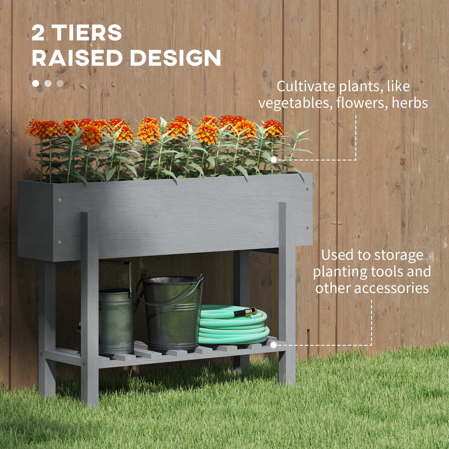 Outsunny Wooden Two Tier Raised Planter in Grey Made From Fir Wood with Weather Resistant Finish for Year Round Use