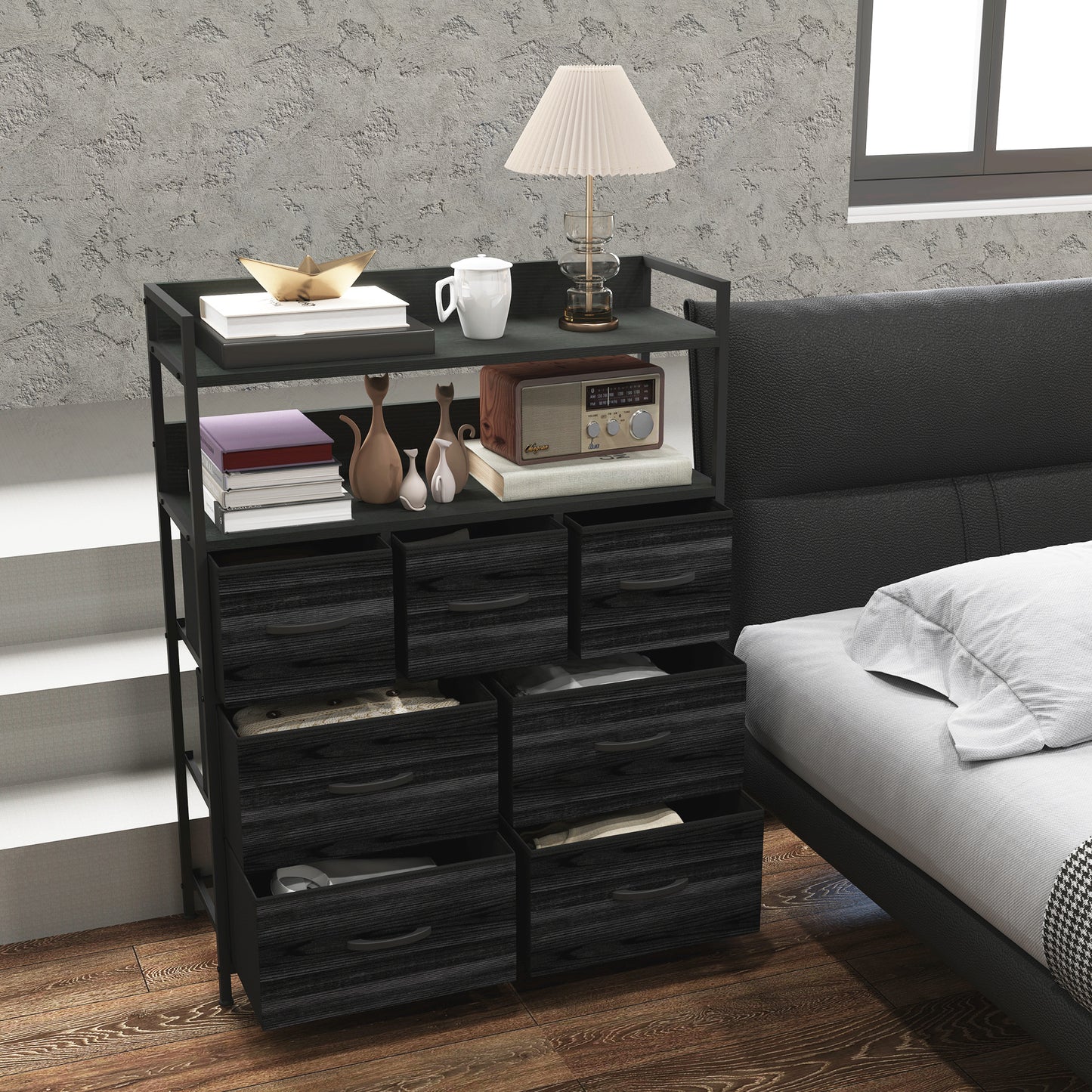 HOMCOM Rustic Chest of Seven Fabric Drawers in Black for Bedroom Storage Solutions