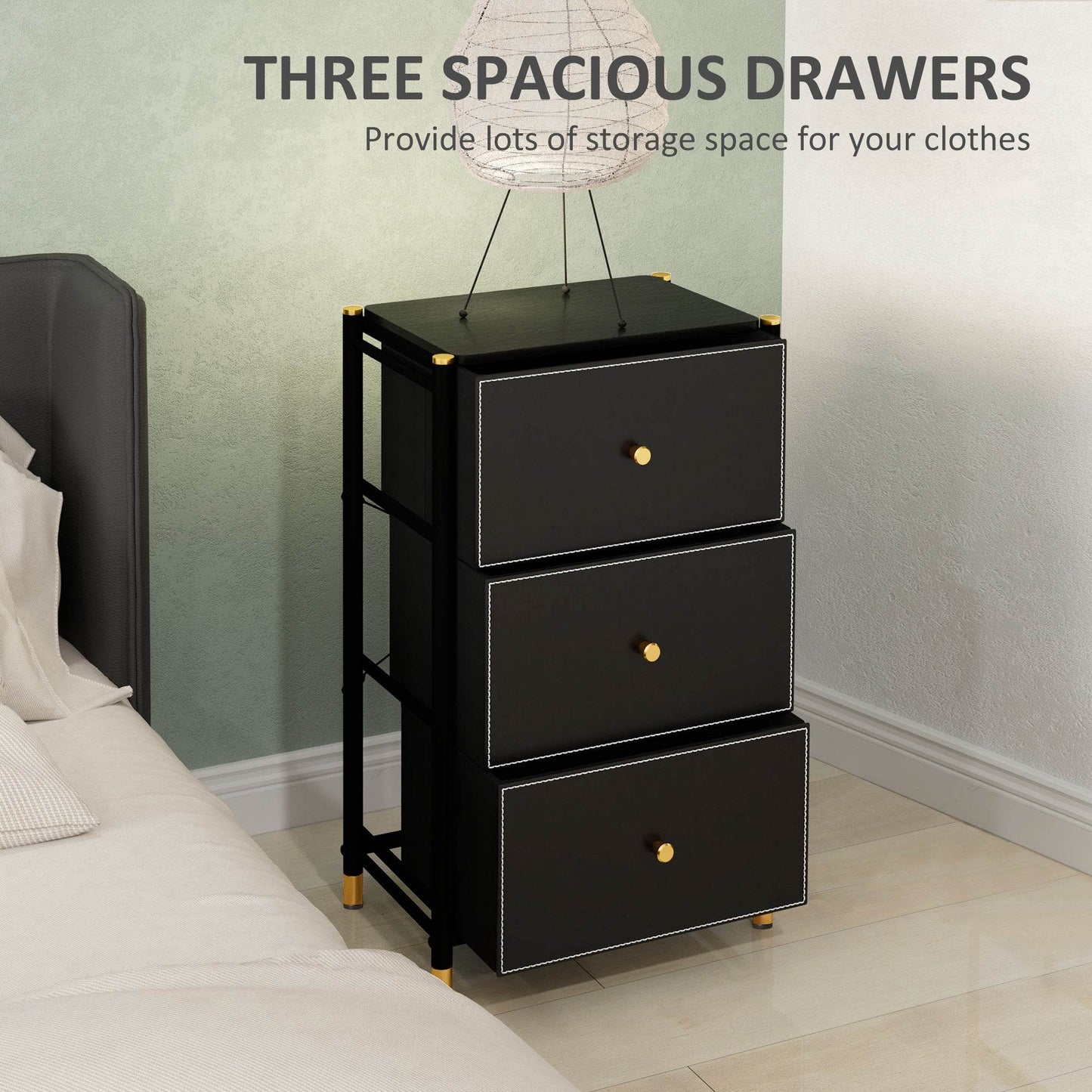 HOMCOM Sleek Black Faux Leather 3-Drawer Chest with Gold Accents - ALL4U RETAILER LTD
