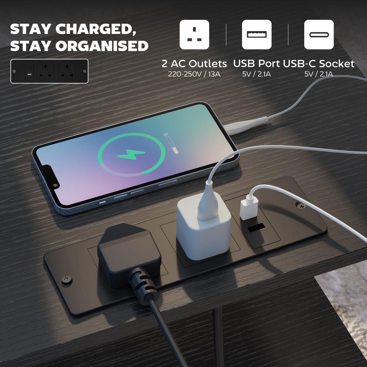 HOMCOM Bedside Table With Charging Station And USB Ports Black Nightstand With Storage
