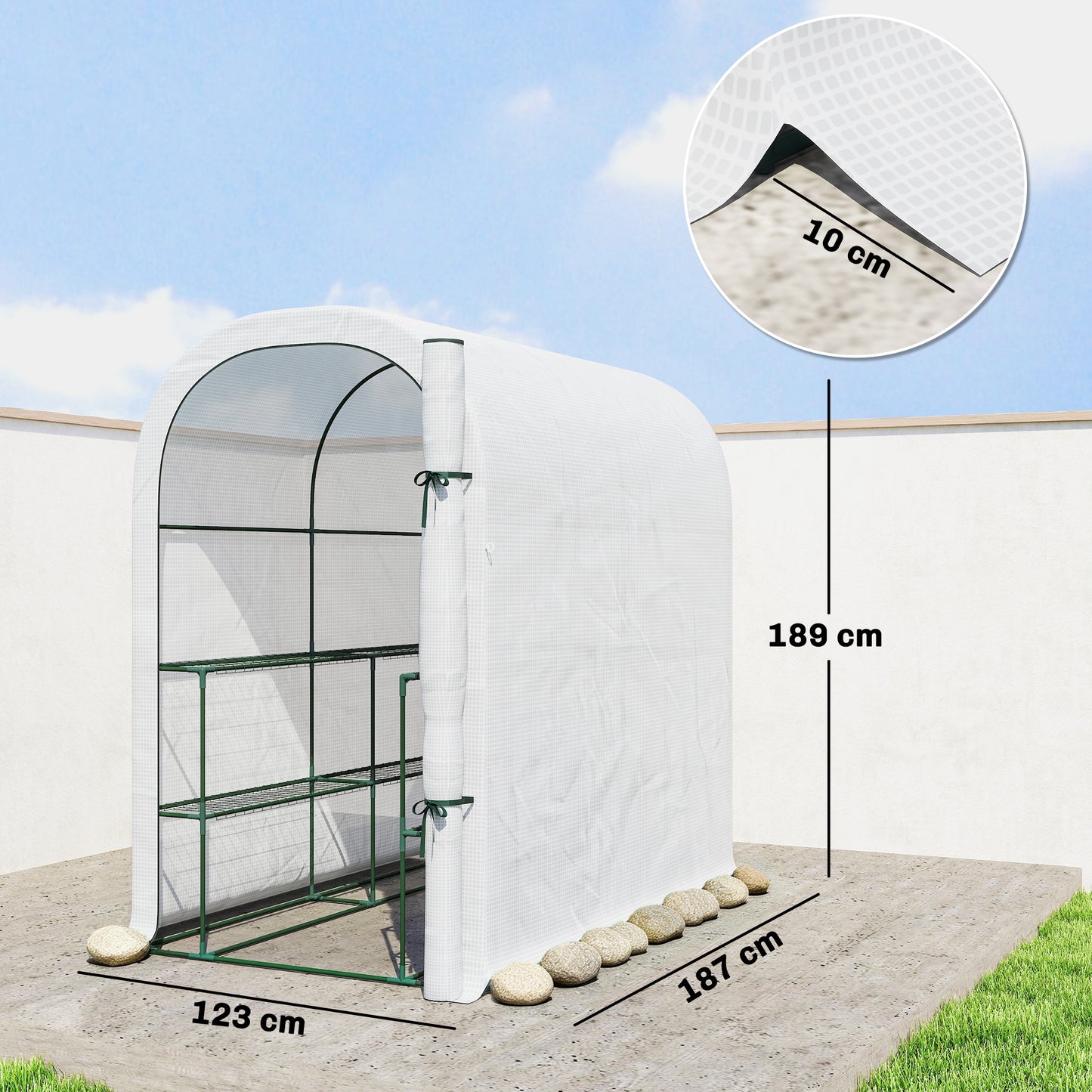 Outsunny Walk In Greenhouse With Shelves PE Cover And Roll Up Door 123 x 187 x 189 cm White