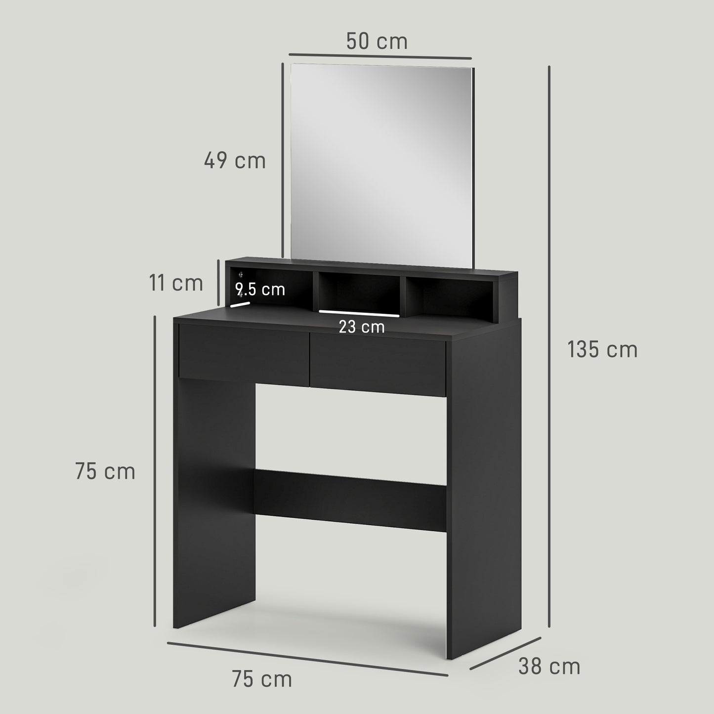 HOMCOM Multi Storage Vanity Dressing Table With Mirror And Drawers In Black With Three Shelves And Anti Tipping Straps