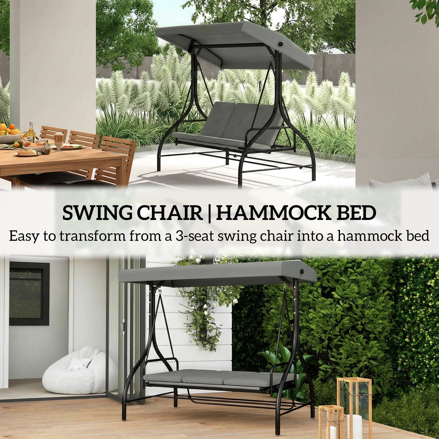 Outsunny 3 Seater Canopy Swing Chair 2 In 1 Garden Swing Seat Bed With Adjustable Canopy And Metal Frame Light Grey